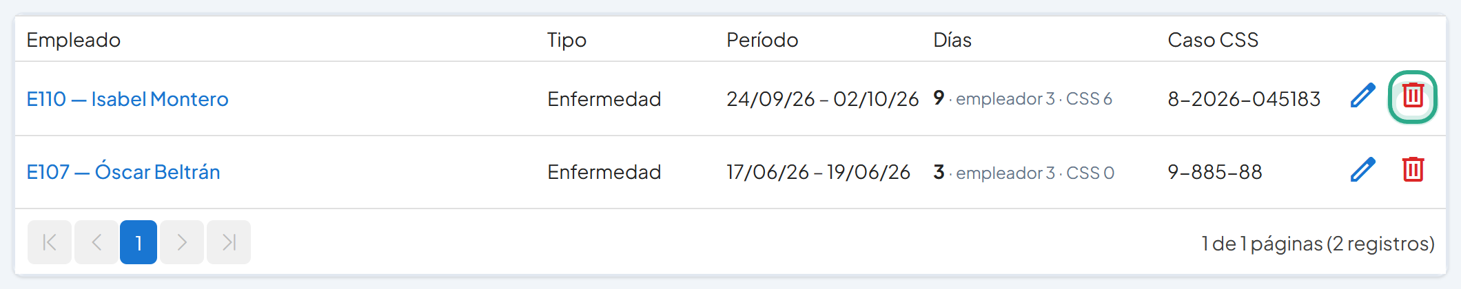 Lista de incapacidades con el icono Eliminar de la fila de E110 resaltado