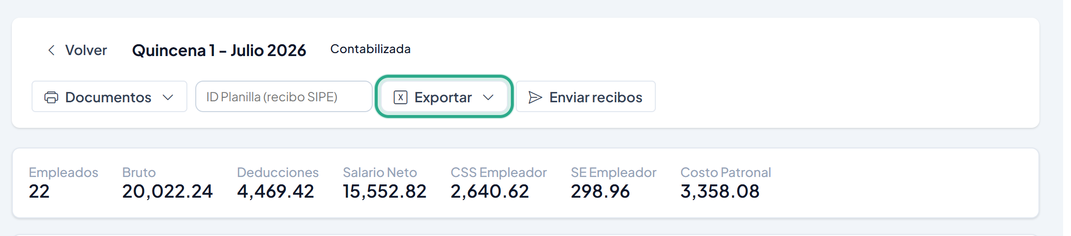 Encabezado de la planilla Quincena 1 - Julio 2026 con el botón Exportar resaltado