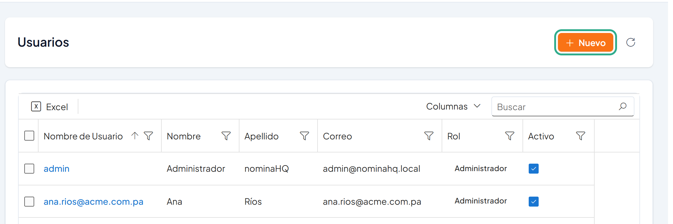 Pantalla Usuarios con el botón Nuevo resaltado