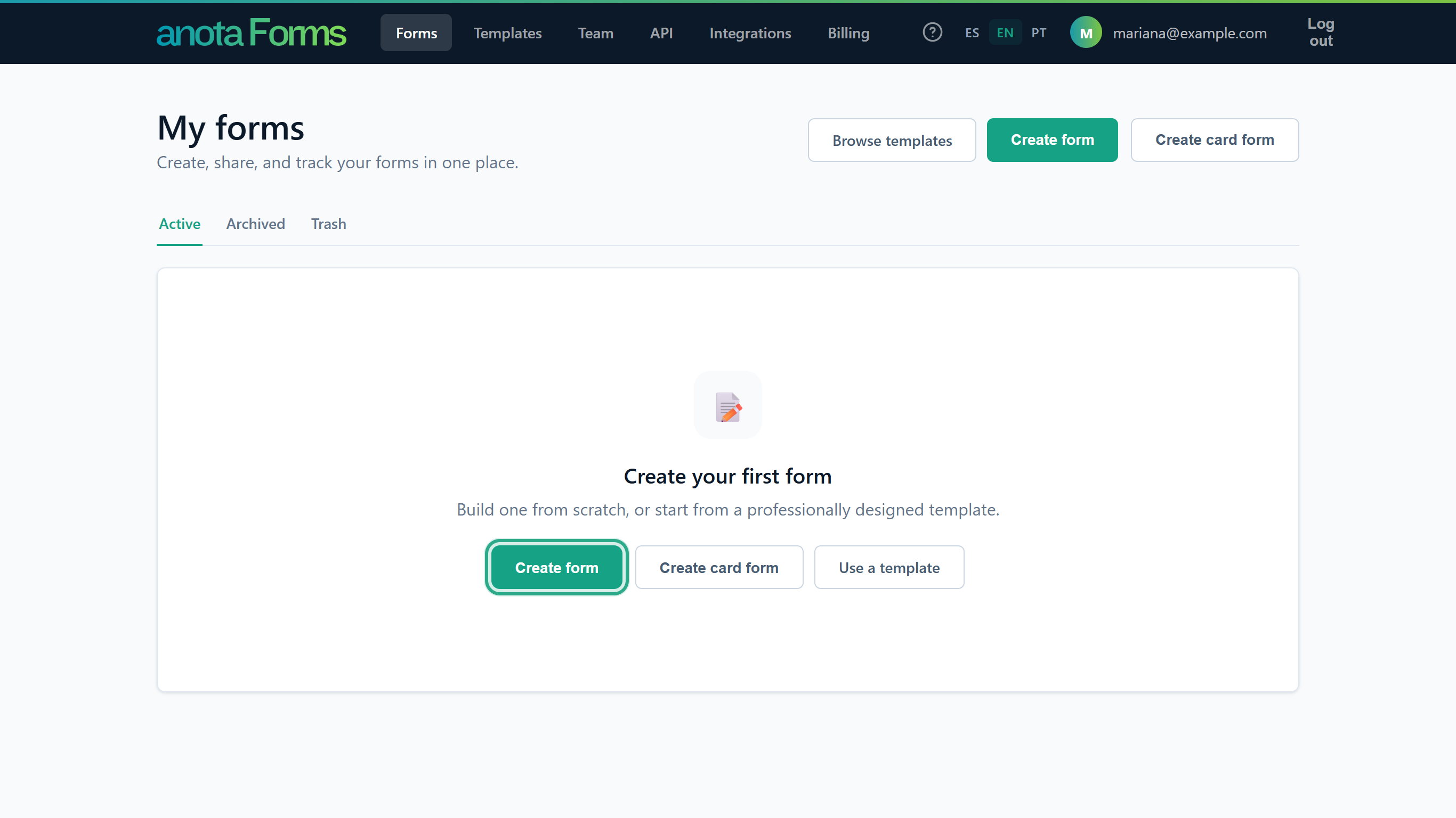 The empty My forms page showing Create your first form, with the Create form button outlined