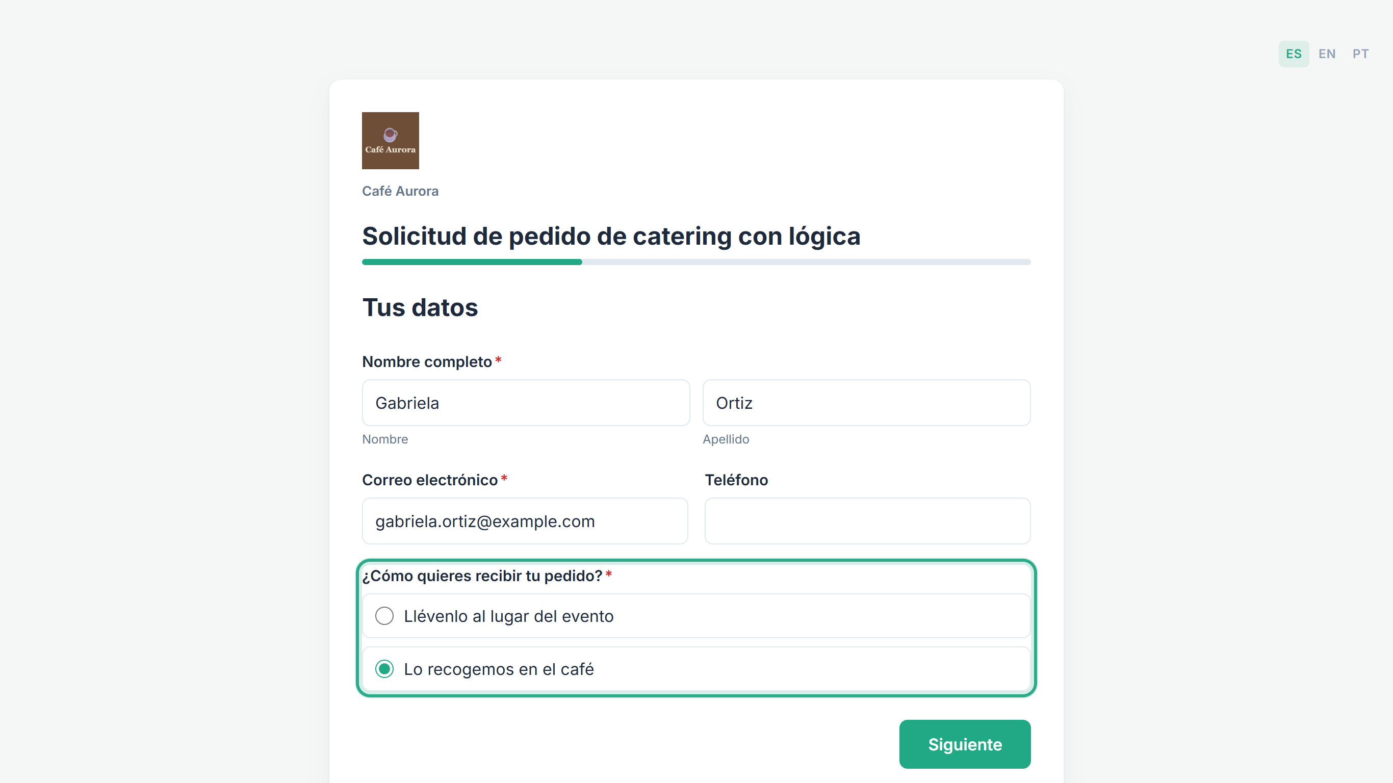 La primera página con Lo recogemos en el café seleccionado, resaltada