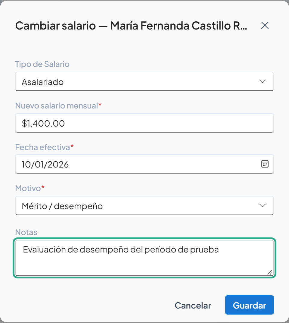 Campo Notas resaltado con la aclaración escrita