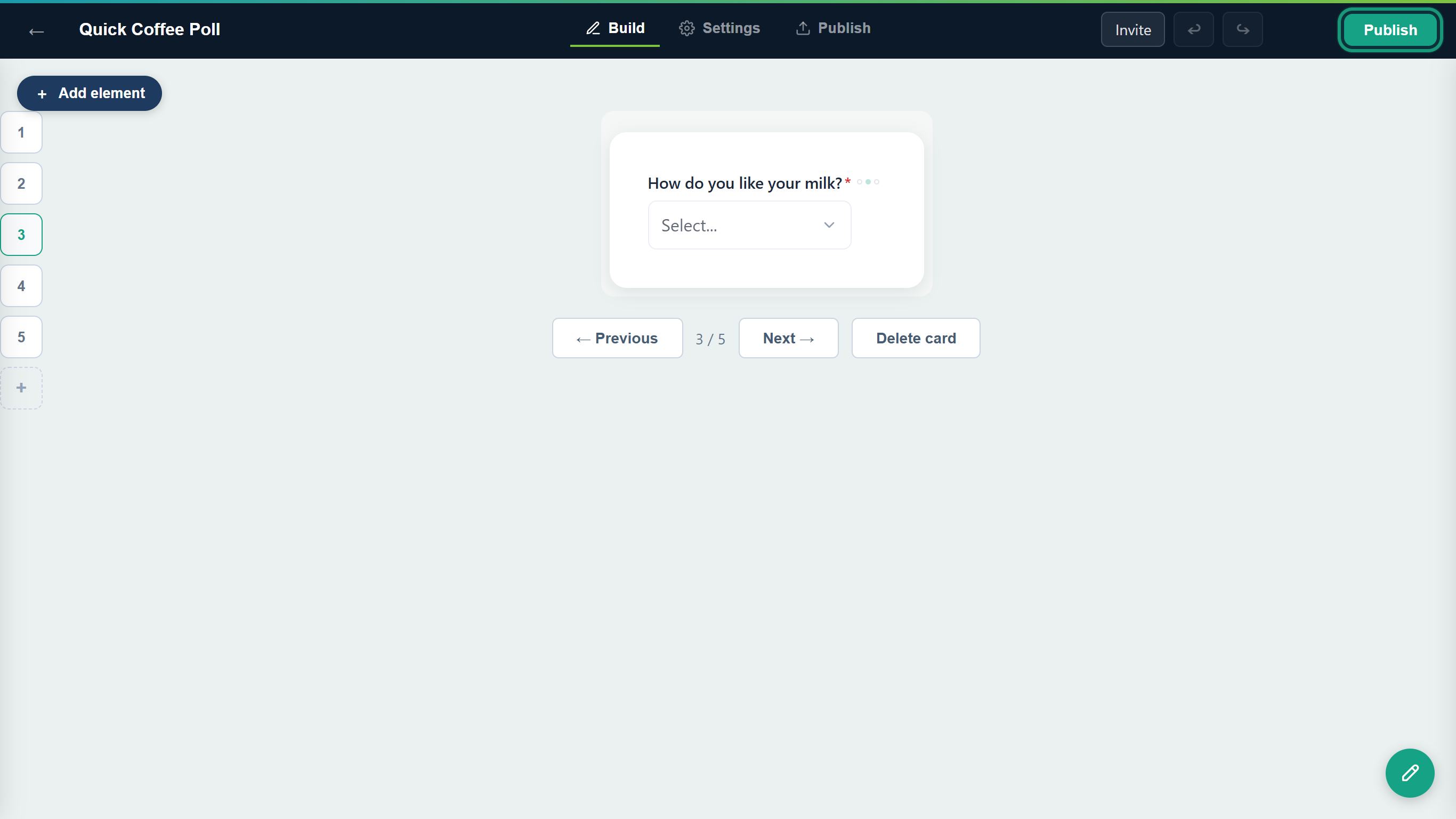 The Card editor with the Publish button outlined at the top right