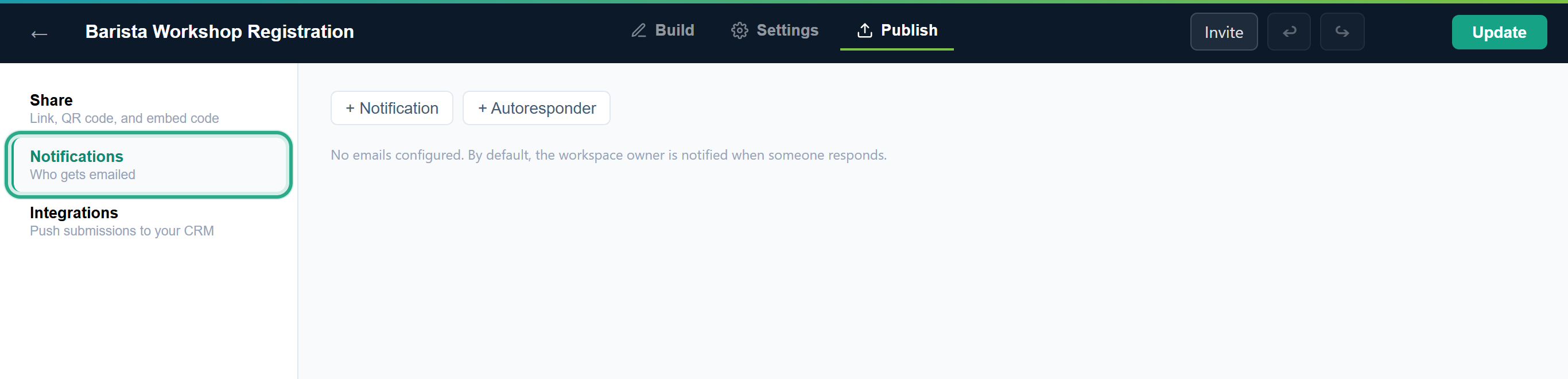 The Publish tab of Barista Workshop Registration with Notifications (Who gets emailed) outlined, the + Notification and + Autoresponder buttons, and the No emails configured message