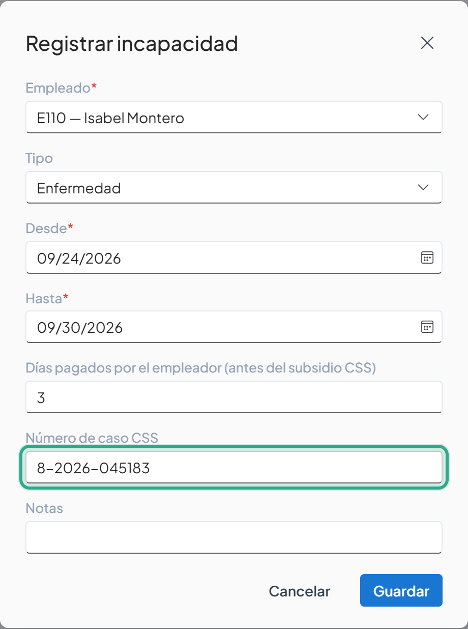 Campo Número de caso CSS resaltado con 8-2026-045183