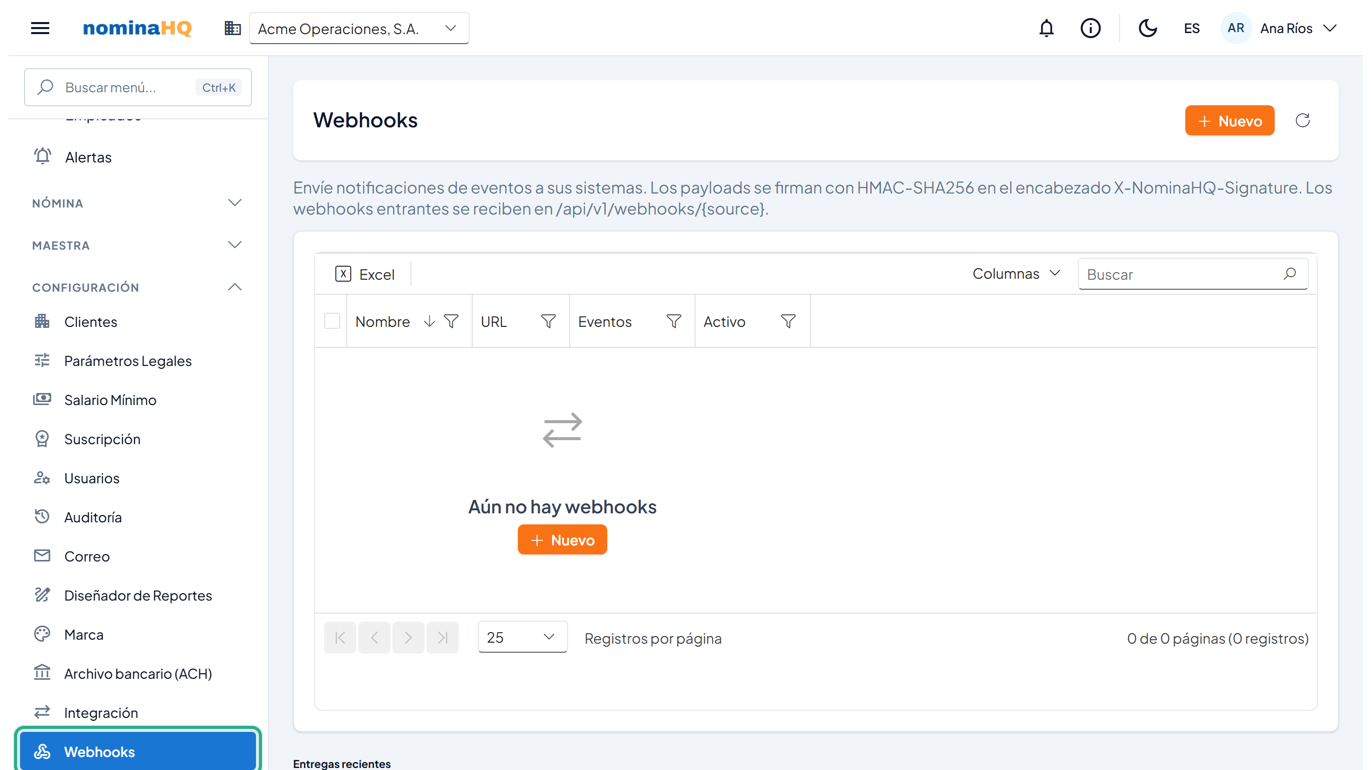 Pantalla Webhooks sin suscripciones, con el aviso Aún no hay webhooks y la opción Webhooks del menú resaltada