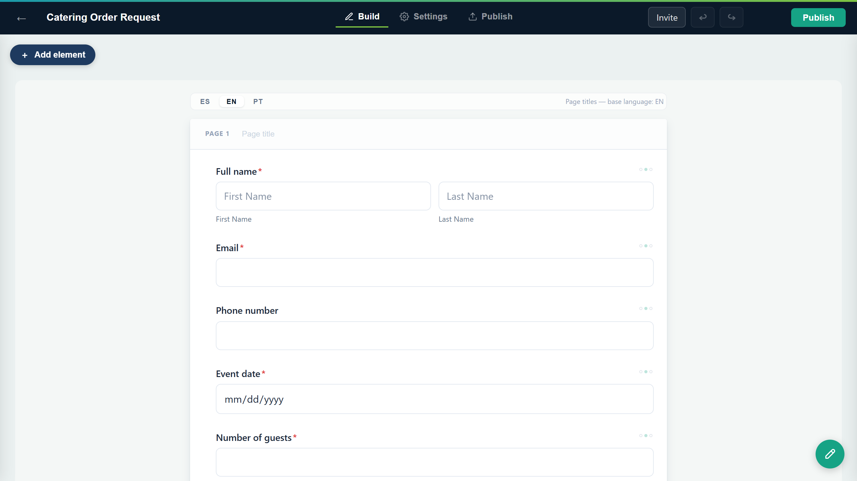 The anota form editor on the Build tab with the Catering Order Request form: the Add element button, the ES / EN / PT tabs and the first page of fields