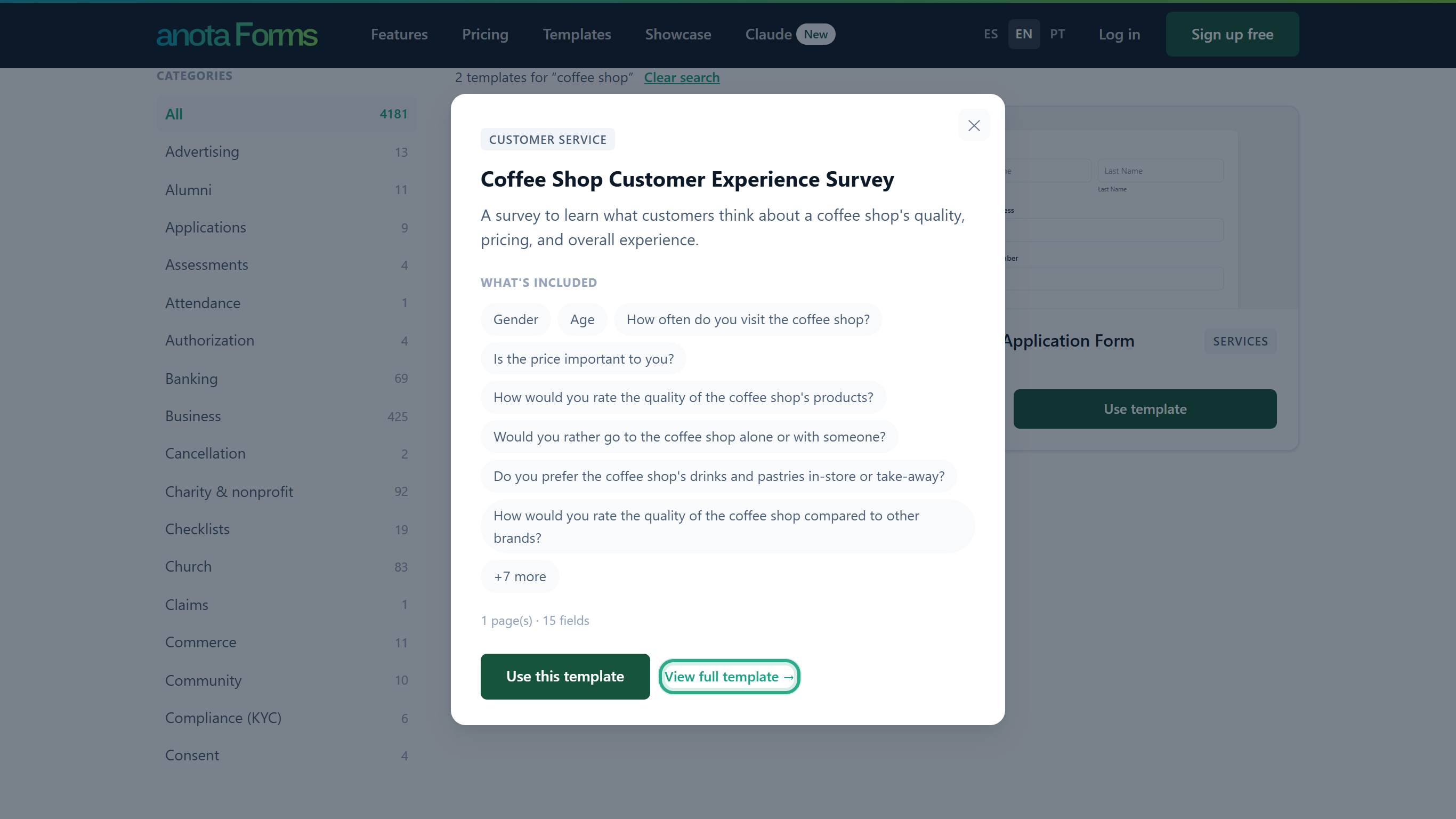 The public preview window of Coffee Shop Customer Experience Survey with its description, the What's included list and the View full template link outlined