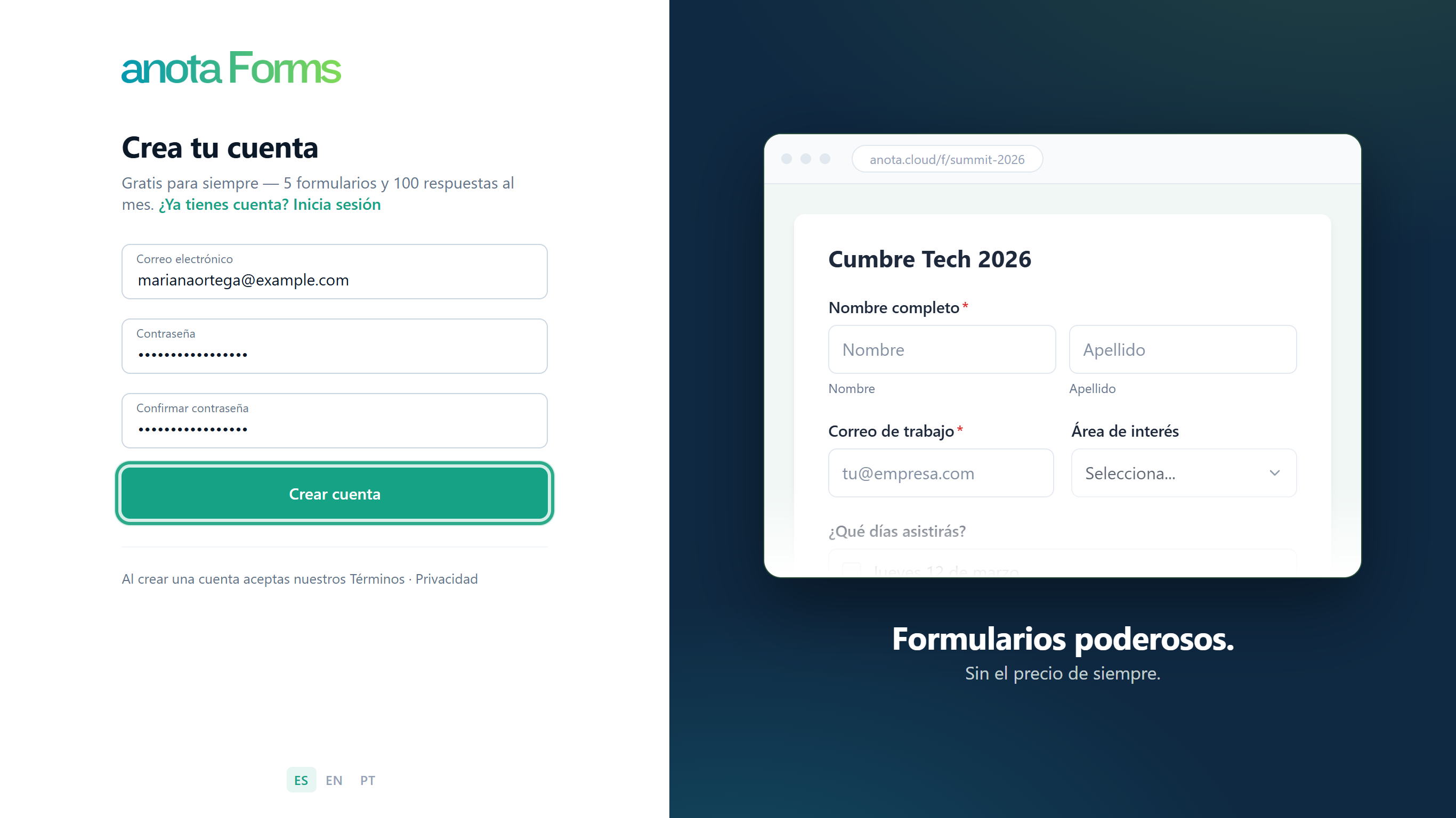 El formulario de registro lleno con marianaortega@example.com y una contraseña, con el botón Crear cuenta resaltado