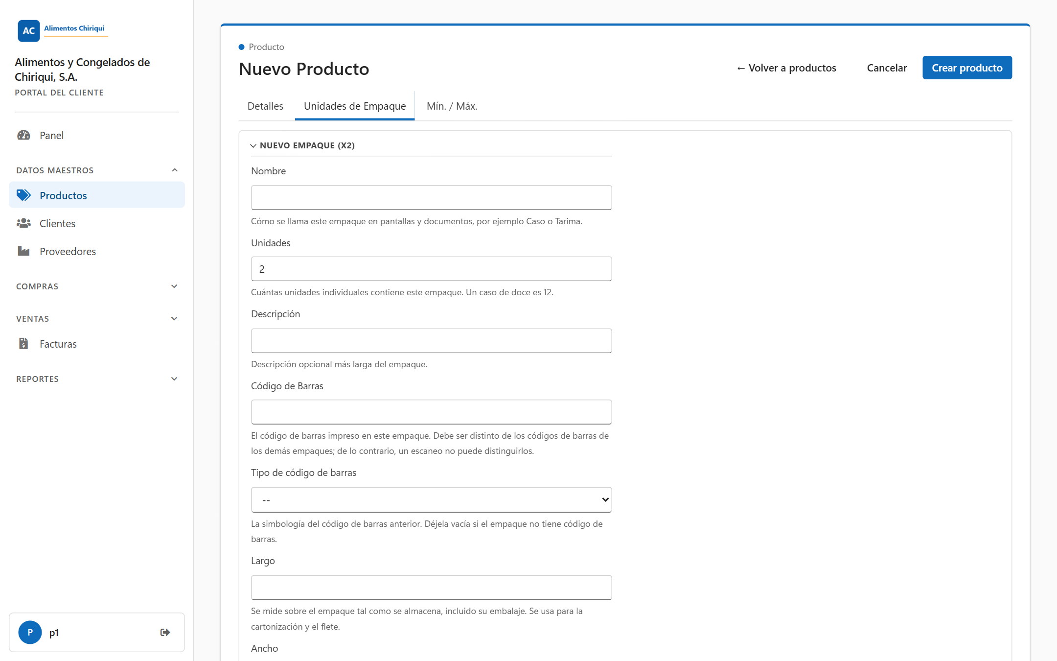 La pestaña Unidades de Empaque de un producto nuevo con un empaque nuevo que se está completando