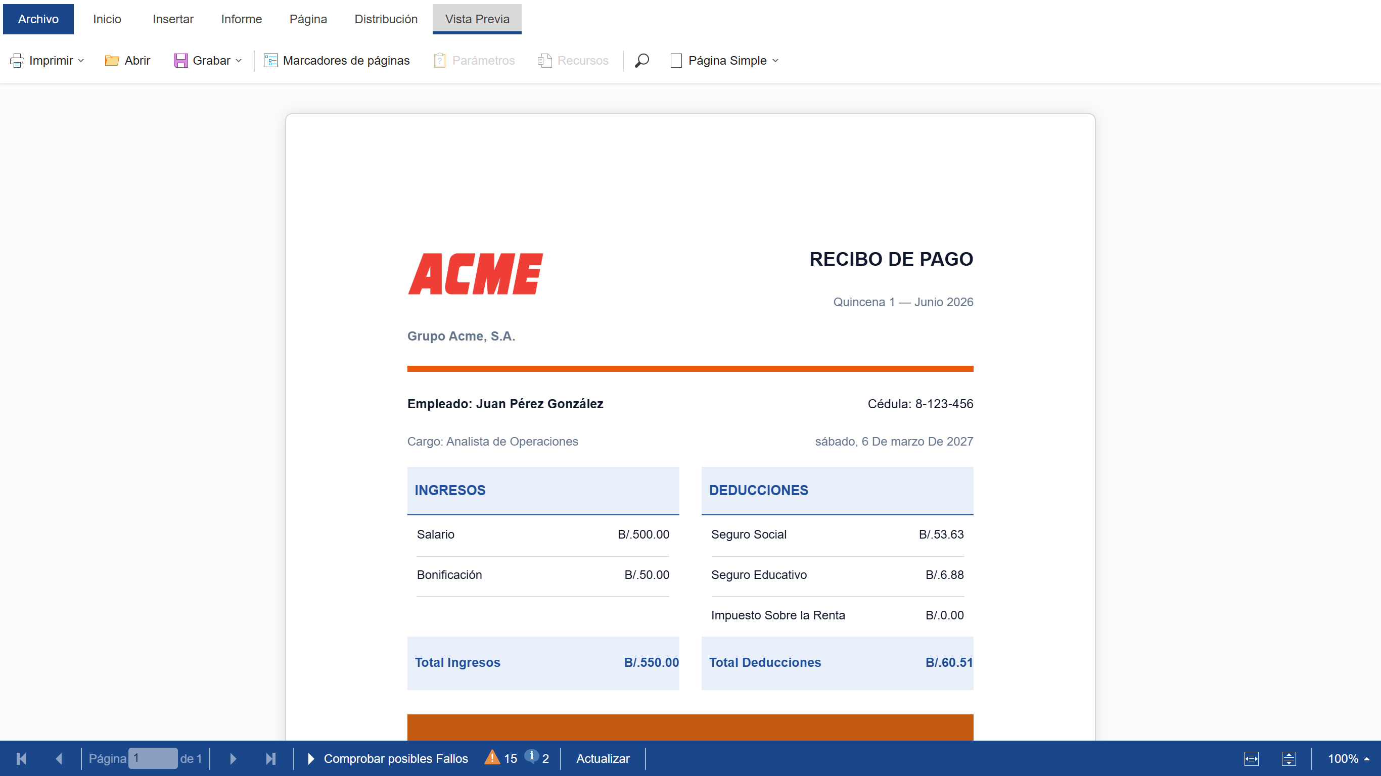 Vista previa del Recibo de Pago con datos de muestra y el logo de la empresa