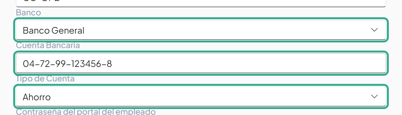 Campos Banco, Cuenta Bancaria y Tipo de Cuenta resaltados con Banco General y una cuenta de ahorro