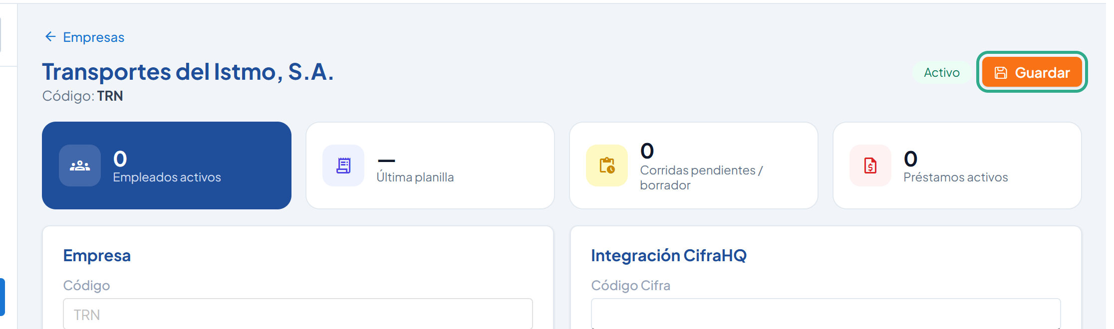 Encabezado del detalle de la empresa con el botón Guardar resaltado