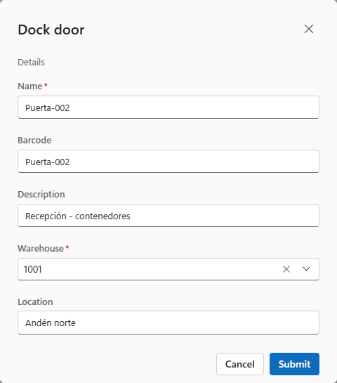 The Dock door dialog: Name Puerta-002, Barcode Puerta-002, Description, Warehouse 1001 and Location