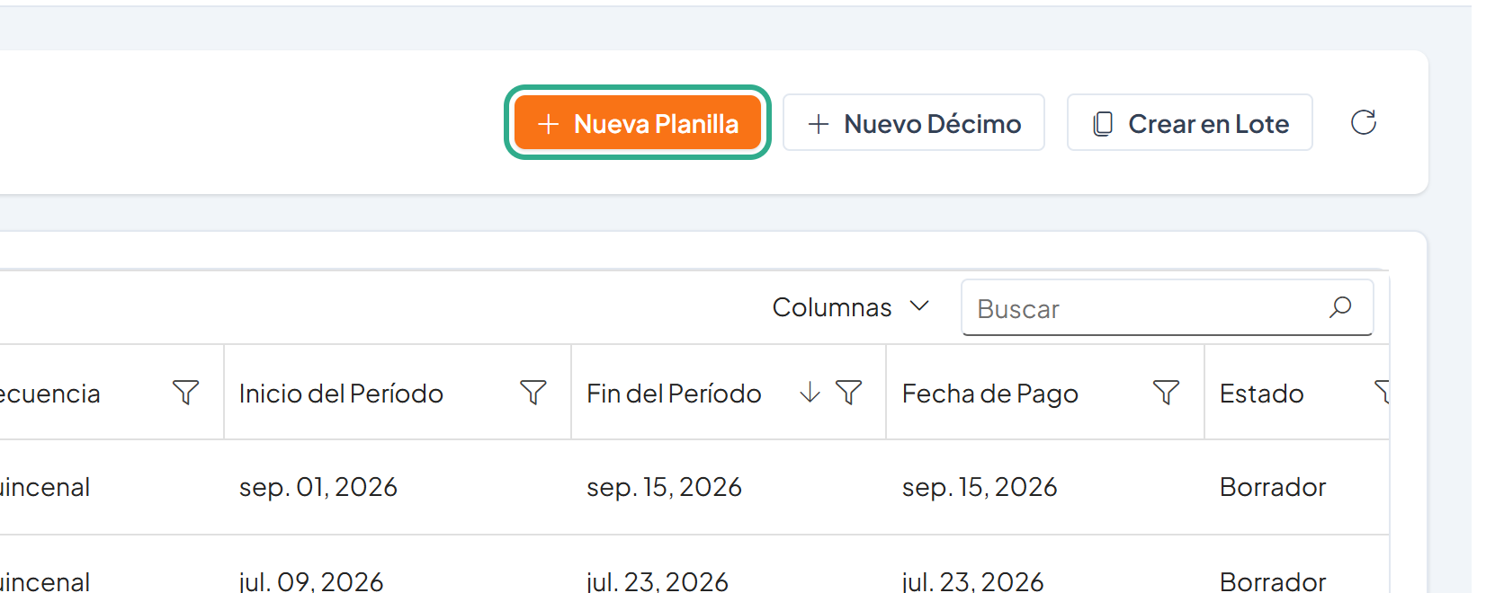 Botón Nueva Planilla resaltado en la parte superior de la lista
