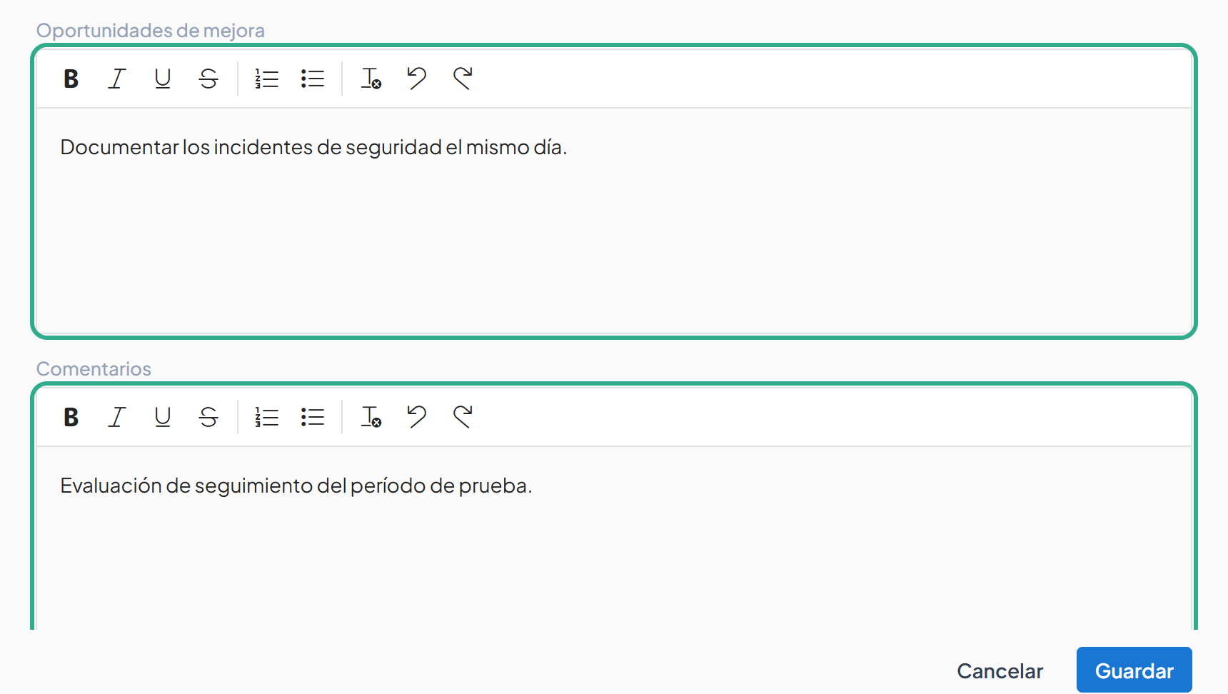 Editores Oportunidades de mejora y Comentarios resaltados y completados