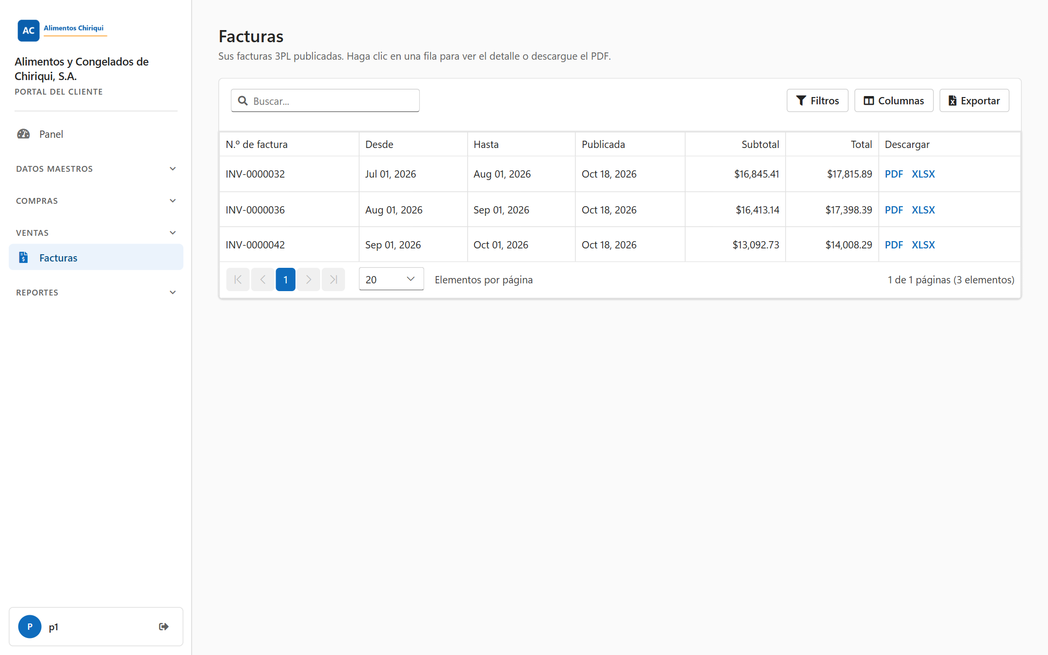 La lista Facturas con varias facturas publicadas y los enlaces de descarga PDF y XLSX