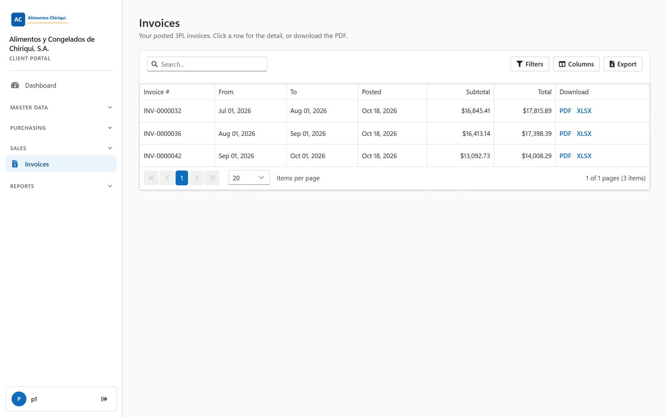 The Invoices list with several posted invoices and the PDF and XLSX download links