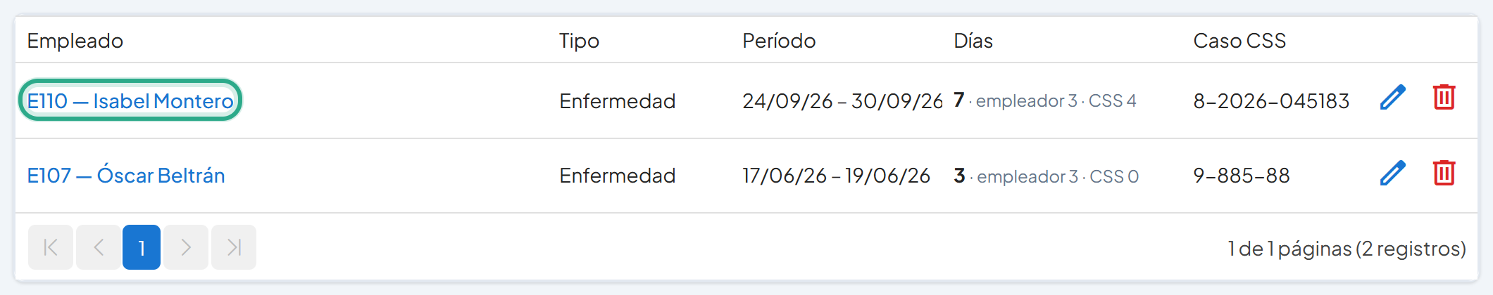 Lista de incapacidades con el enlace E110 — Isabel Montero resaltado