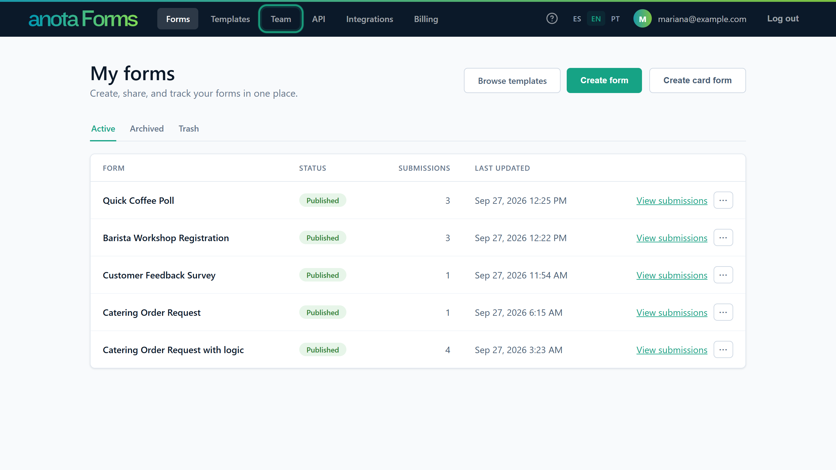 The Forms page of Café Aurora with the Team link in the top bar outlined