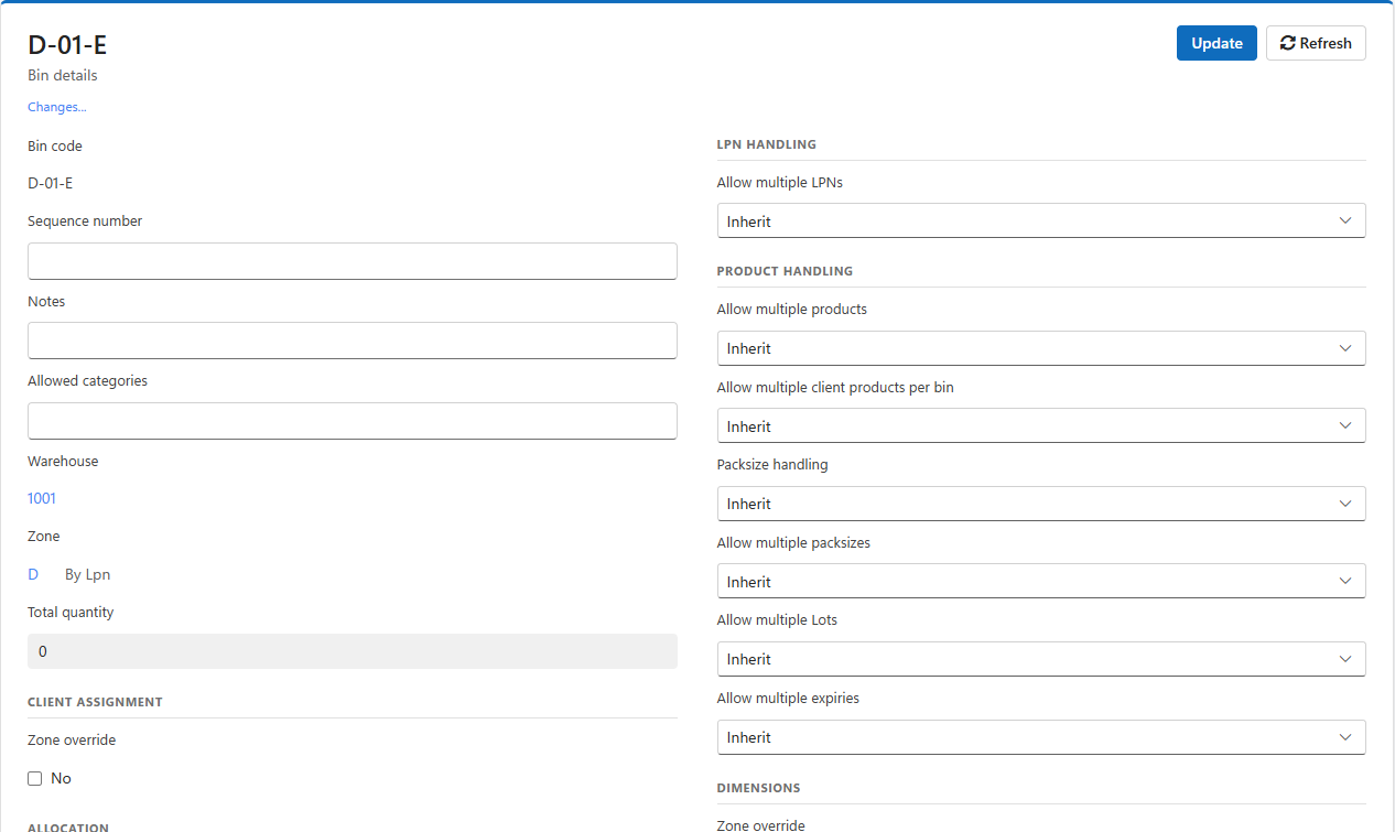 Bin D-01-E's details: code, sequence number, notes, allowed categories, warehouse, zone D By Lpn, total quantity, and its override settings, each set to Inherit