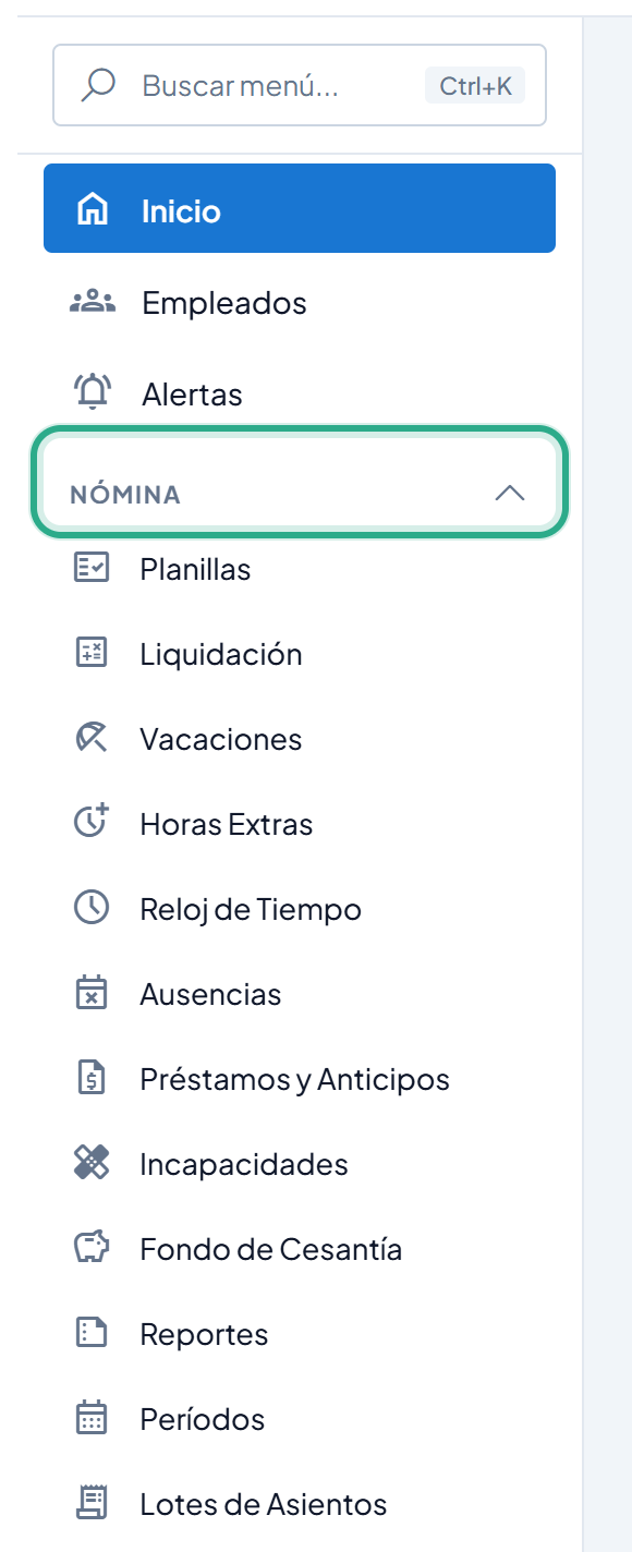 Menú lateral con la sección Nómina resaltada y abierta