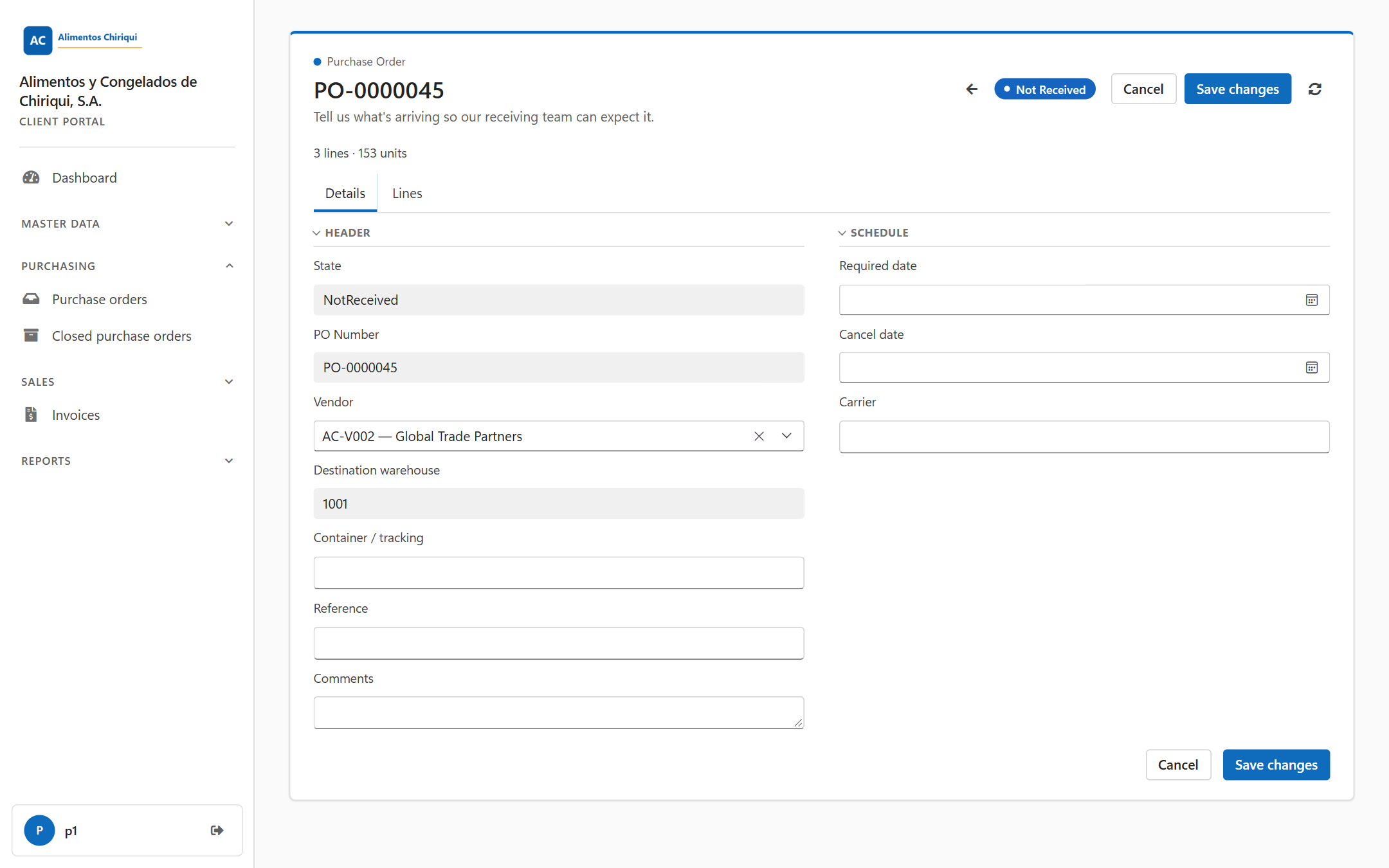 A Not Received purchase order open in the editor with the Save changes button