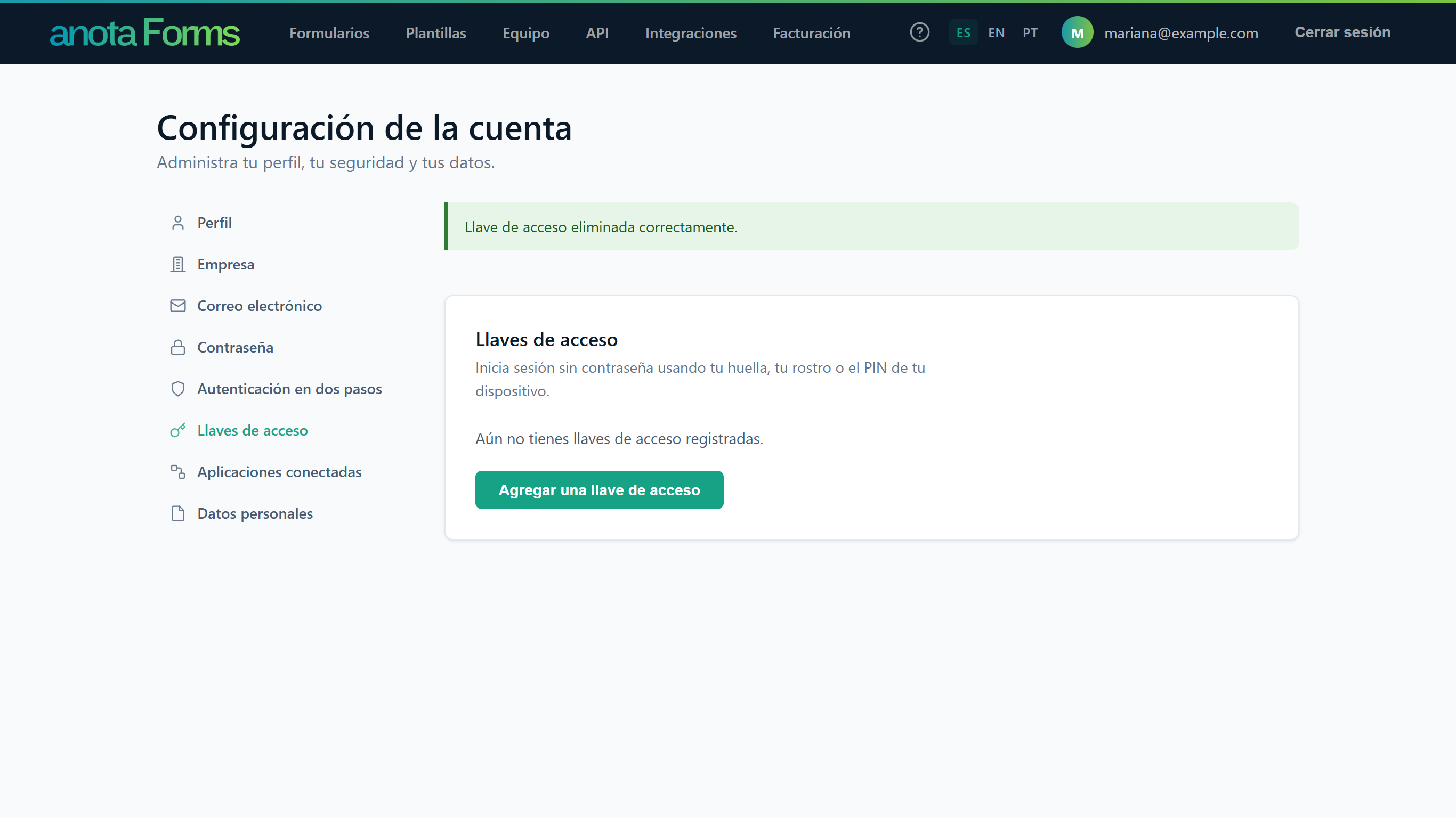 La sección Llaves de acceso con el mensaje Llave de acceso eliminada correctamente. y Aún no tienes llaves de acceso registradas.