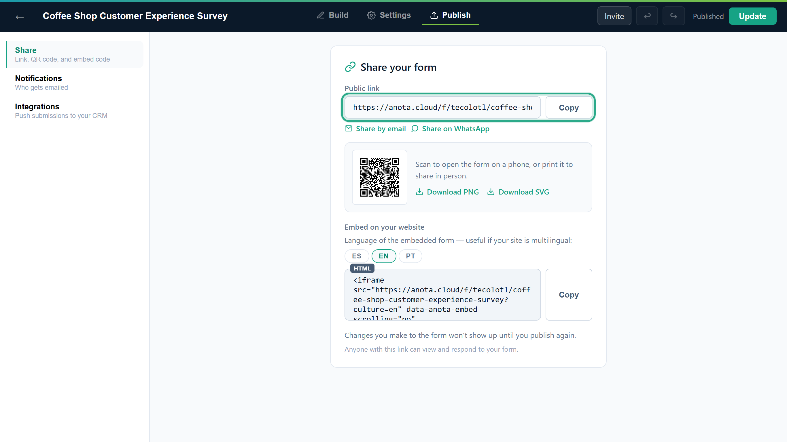 The Share your form panel of the Coffee Shop Customer Experience Survey with the public link https://anota.cloud/f/tecolotl/coffee-shop-customer-experience-survey outlined; the top bar shows Published and Update