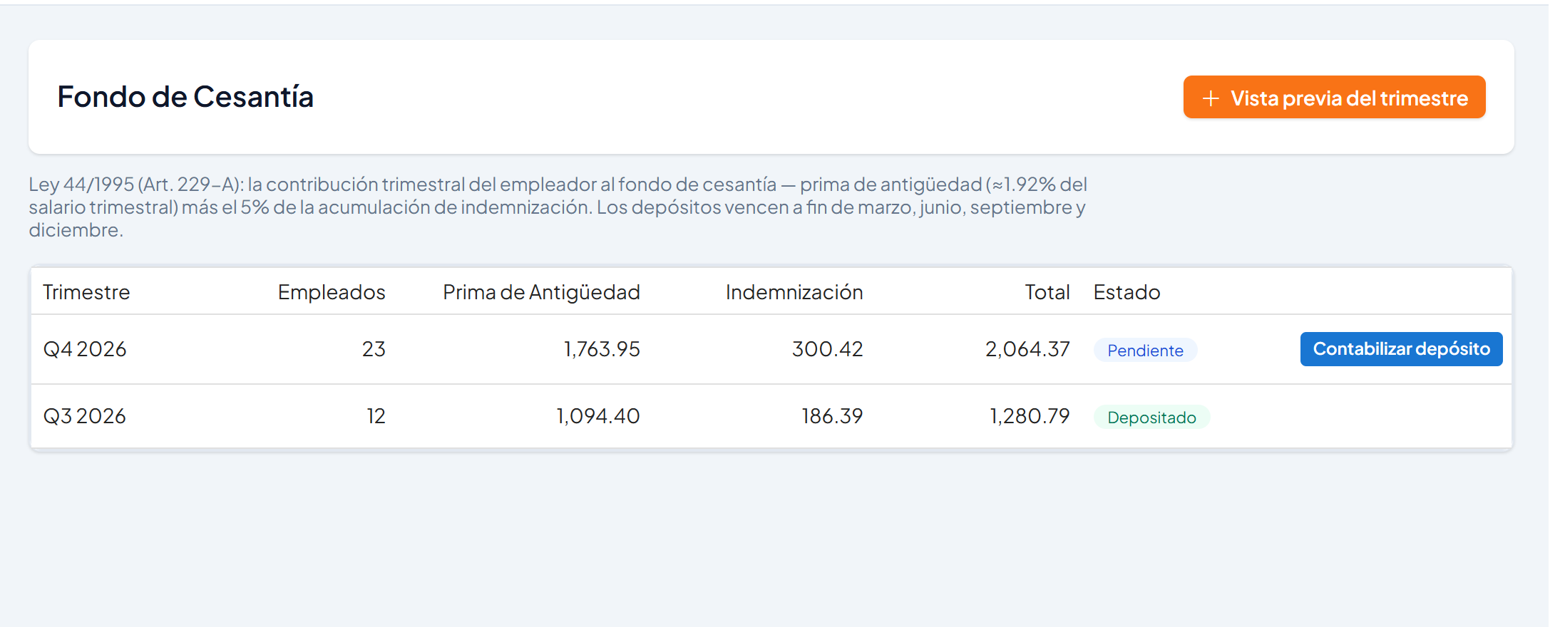 Pantalla Fondo de Cesantía con el trimestre Q4 2026 Pendiente y Q3 2026 Depositado