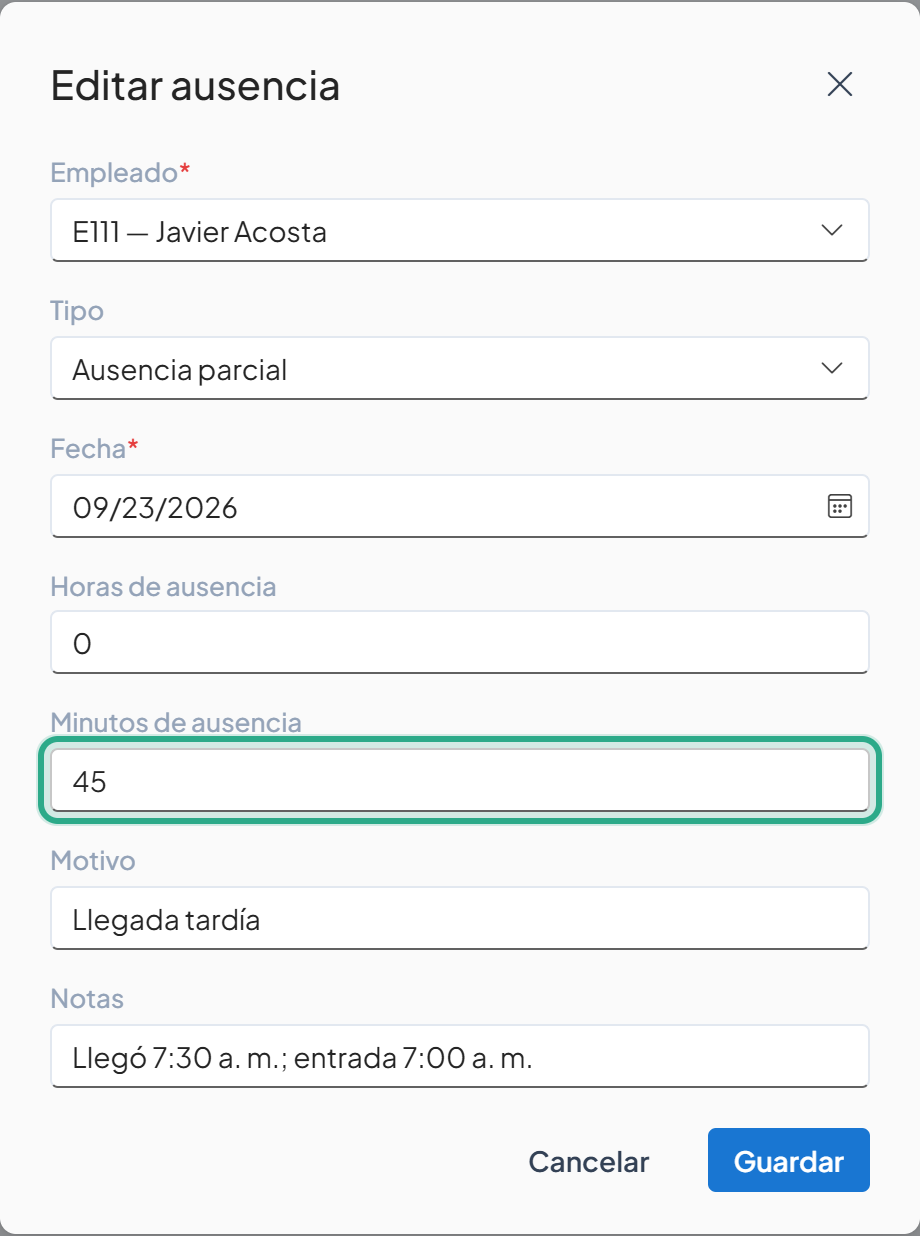 Cuadro Editar ausencia con el campo Minutos de ausencia resaltado con el valor 45