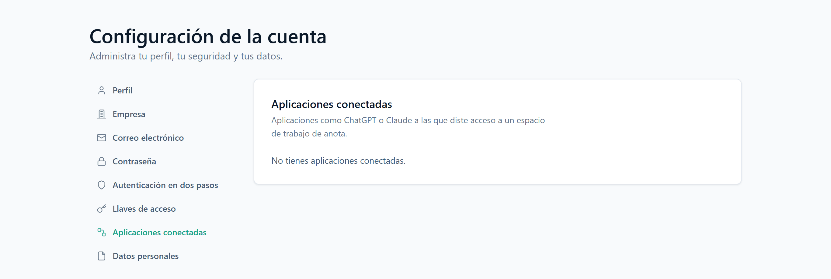 Apartado Aplicaciones conectadas de la configuración de la cuenta, sin aplicaciones conectadas