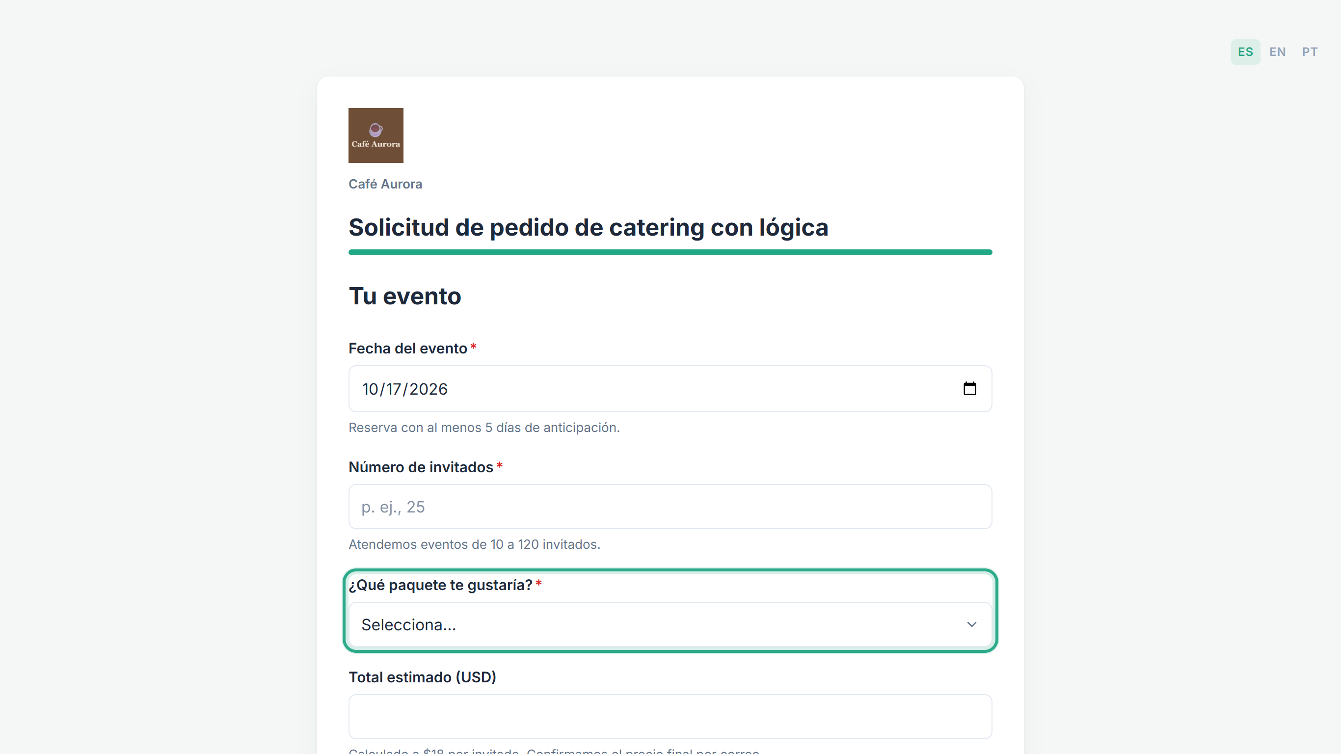 La página Tu evento con Fecha del evento, Número de invitados, la lista de paquetes resaltada, Total estimado y Notas; sin el campo Requisitos alimentarios
