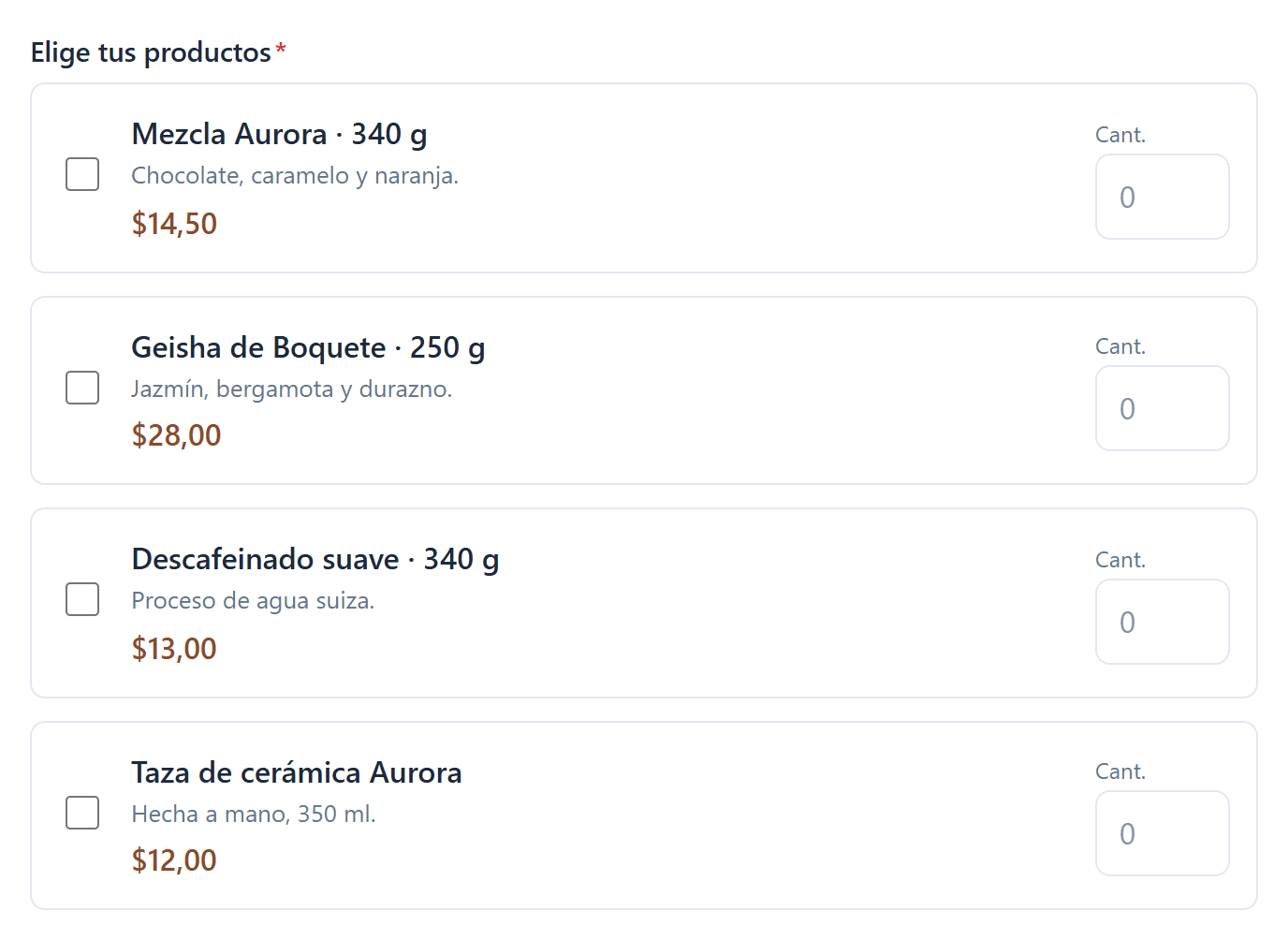 Campo Productos en un formulario publicado con cuatro artículos, sus precios y un cuadro de cantidad