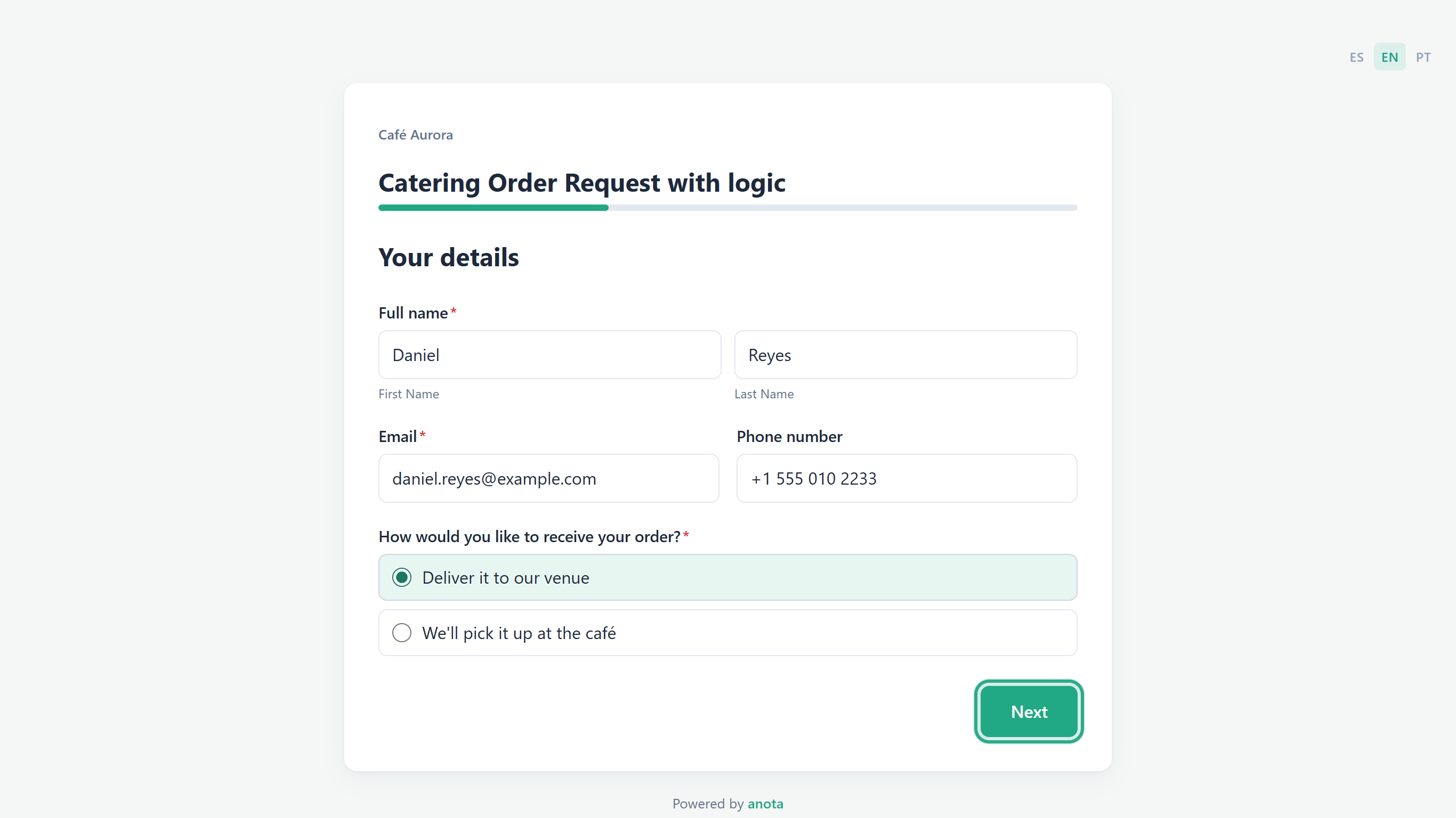 The public form's first page, Your details, filled in by Daniel Reyes with Deliver it to our venue selected, and the Next button outlined