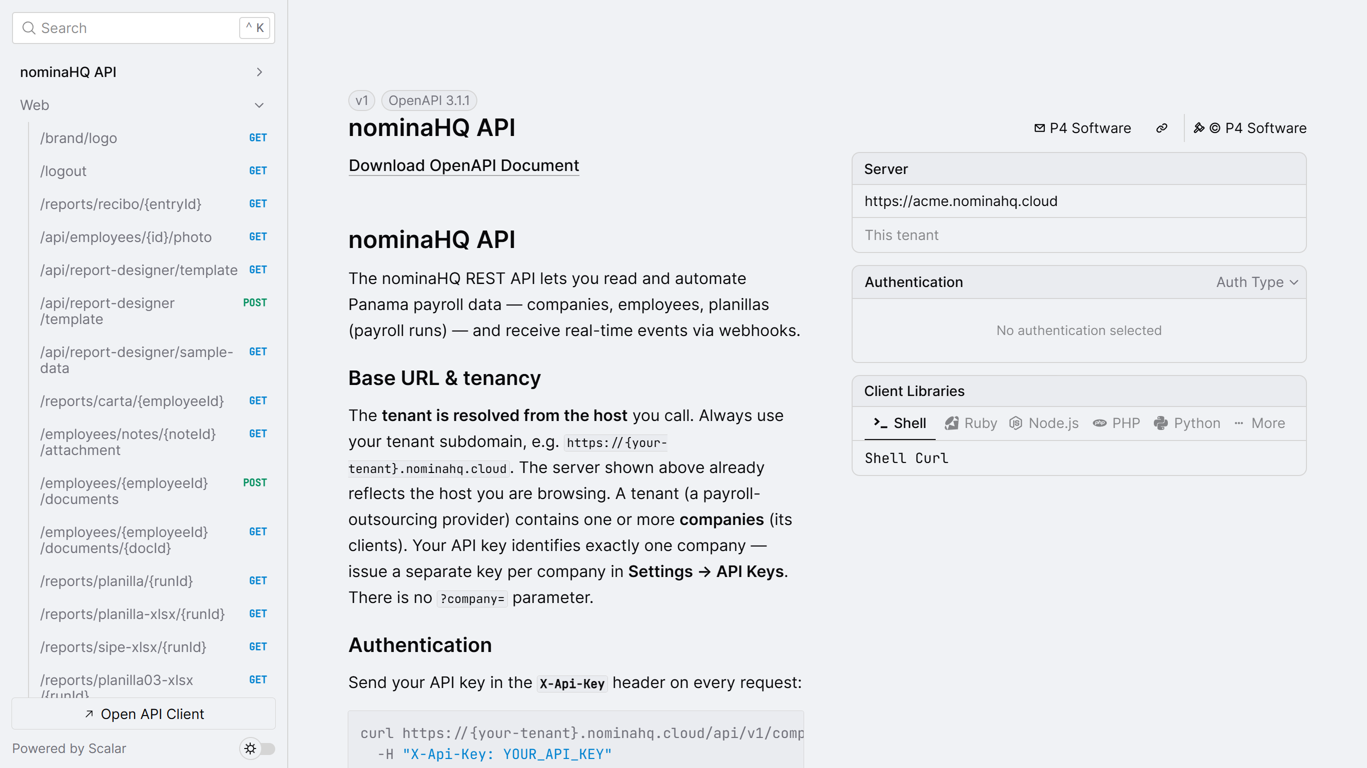Página nominaHQ API (Scalar) con la lista de endpoints, el servidor https://acme.nominahq.cloud y la sección Authentication