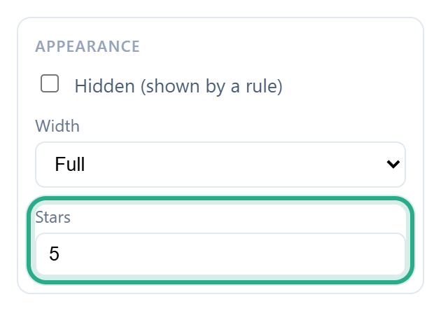 The Appearance section of a Rating field with Stars set to 5 outlined