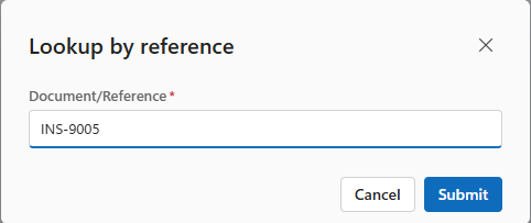 The Lookup by reference window with INS-9005 typed in Document/Reference