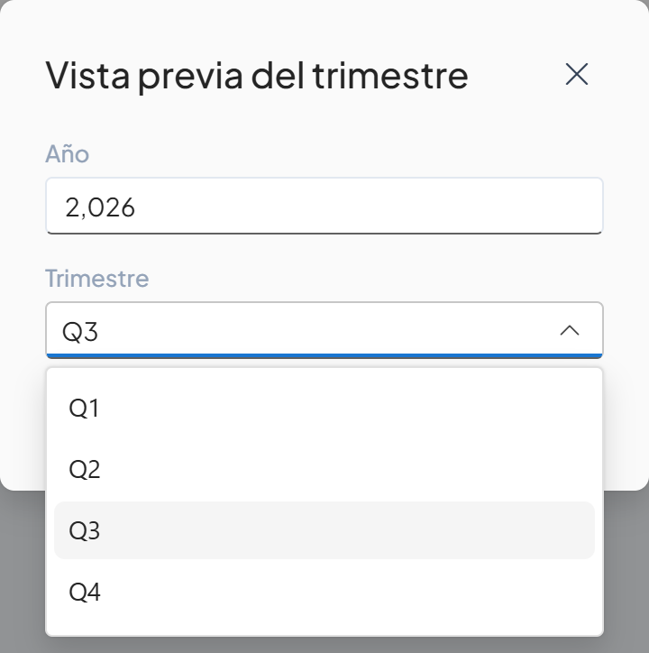 Lista Trimestre abierta con las opciones Q1 a Q4