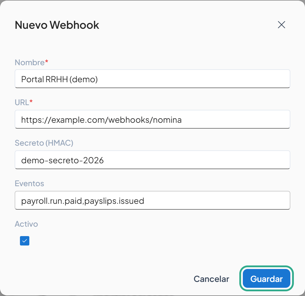 Cuadro Nuevo Webhook completo con el botón Guardar resaltado