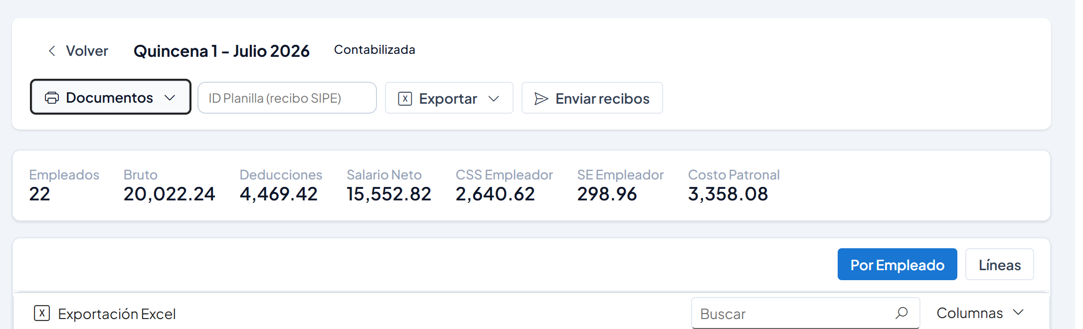 Menú Documentos abierto con la opción Cuadre CSS resaltada, junto a Resumen PDF, Aportes CSS, Recibos (PDF) y Recibos (ZIP)