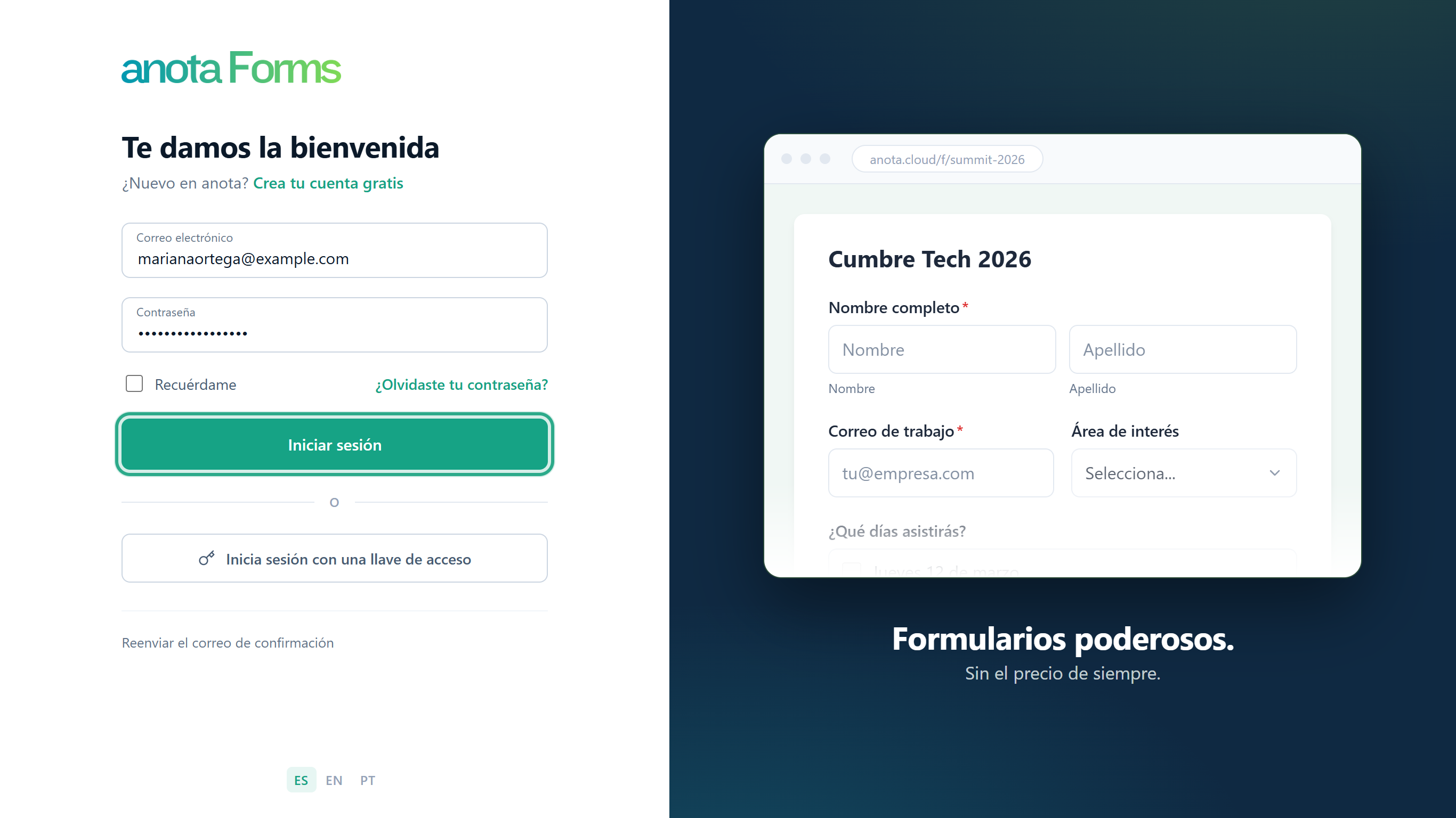 La página de inicio de sesión Te damos la bienvenida con el correo y la contraseña escritos y el botón Iniciar sesión resaltado