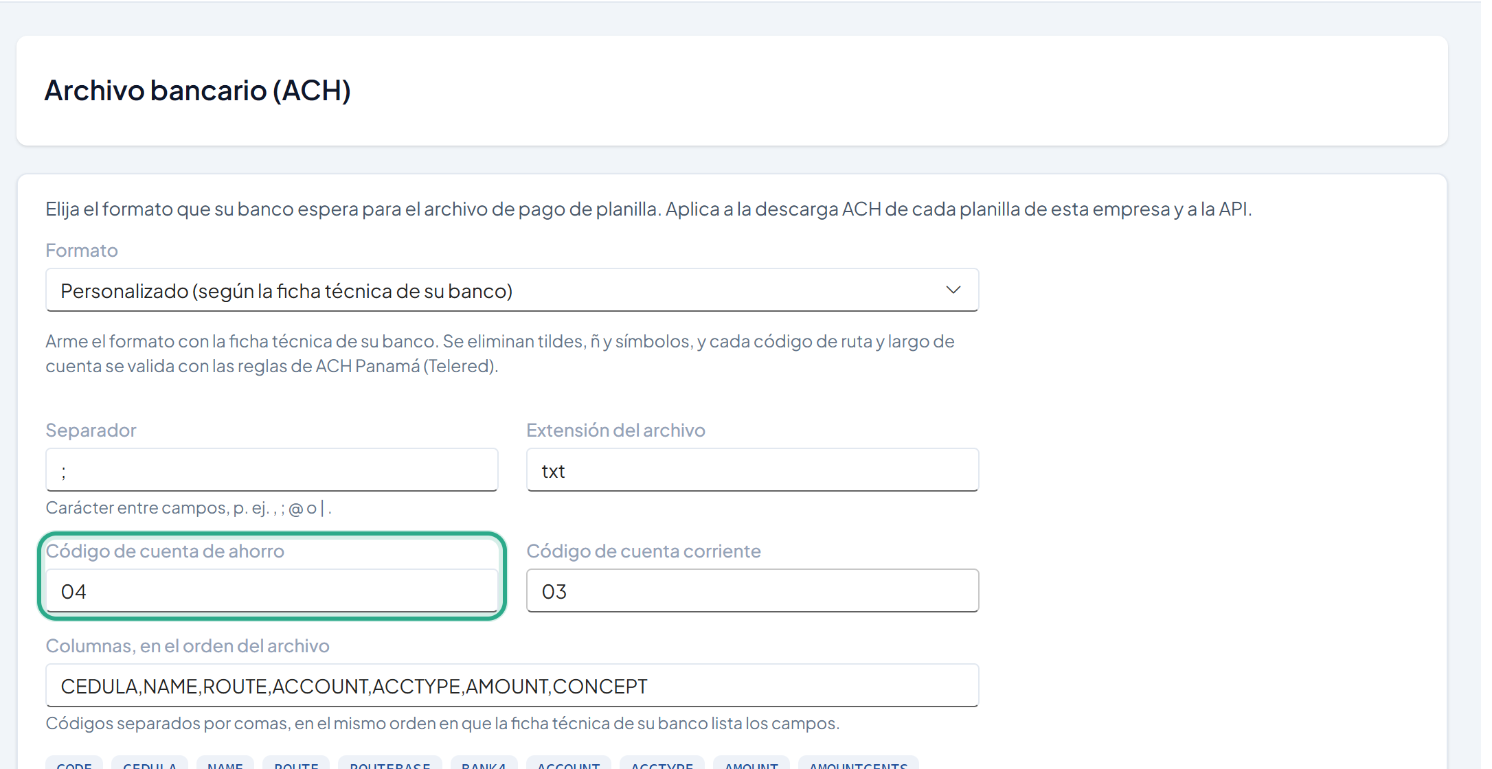 Campos Código de cuenta de ahorro con 04 y Código de cuenta corriente con 03, dentro del recuadro resaltado