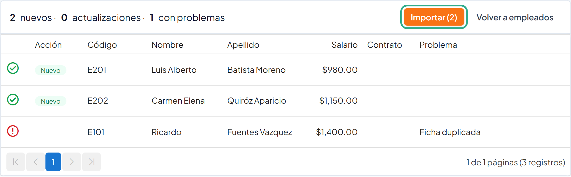 Vista previa con 2 nuevos y 1 con problemas (Ficha duplicada) y el botón Importar (2) resaltado