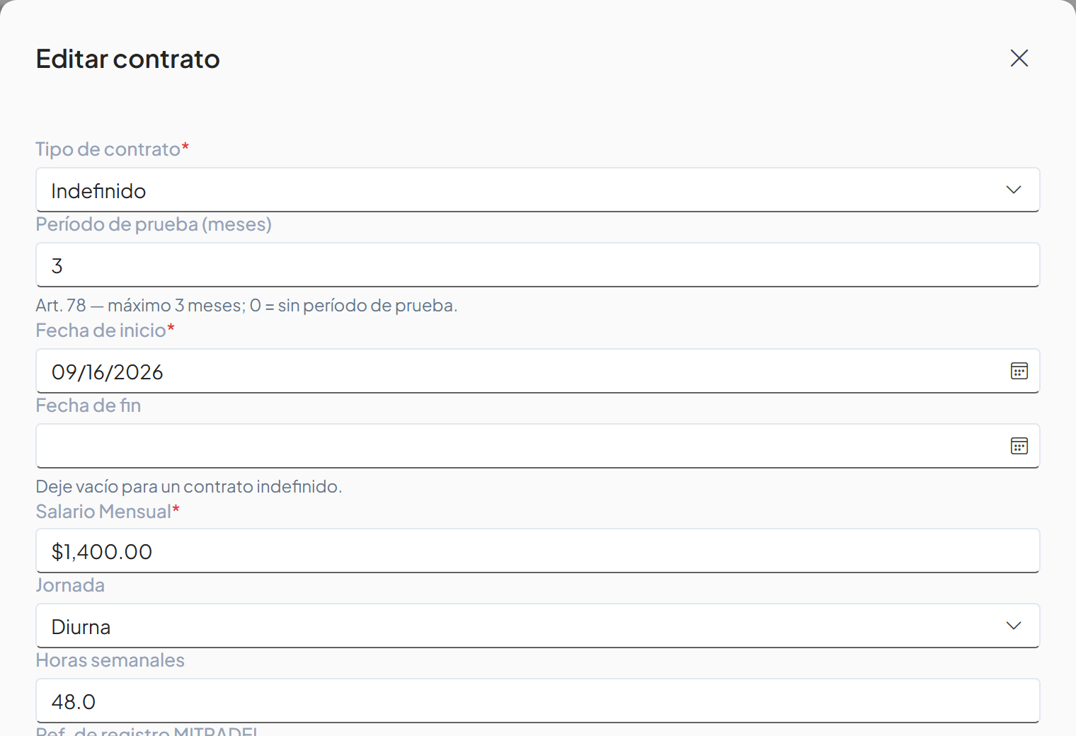 Cuadro Editar contrato con los datos actuales del contrato