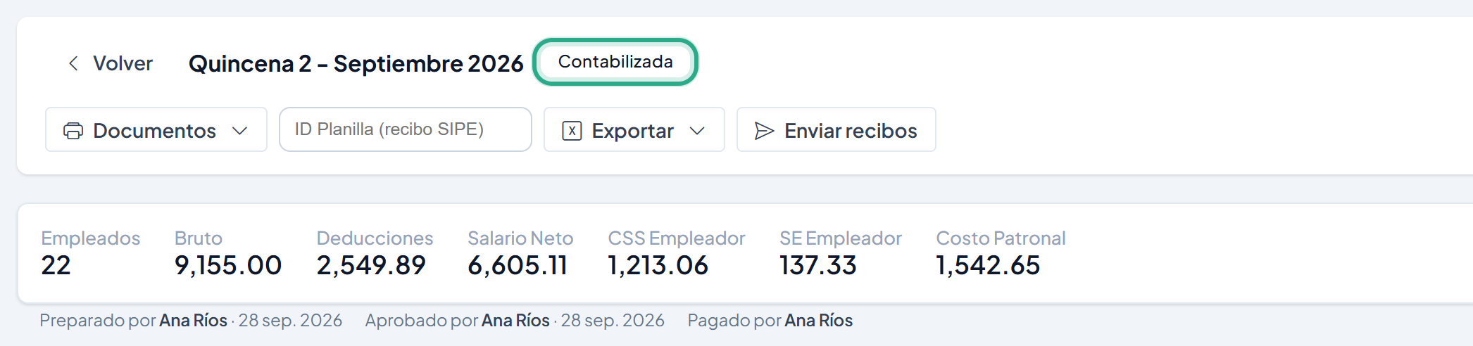 Planilla en estado Contabilizada sin botones de avance