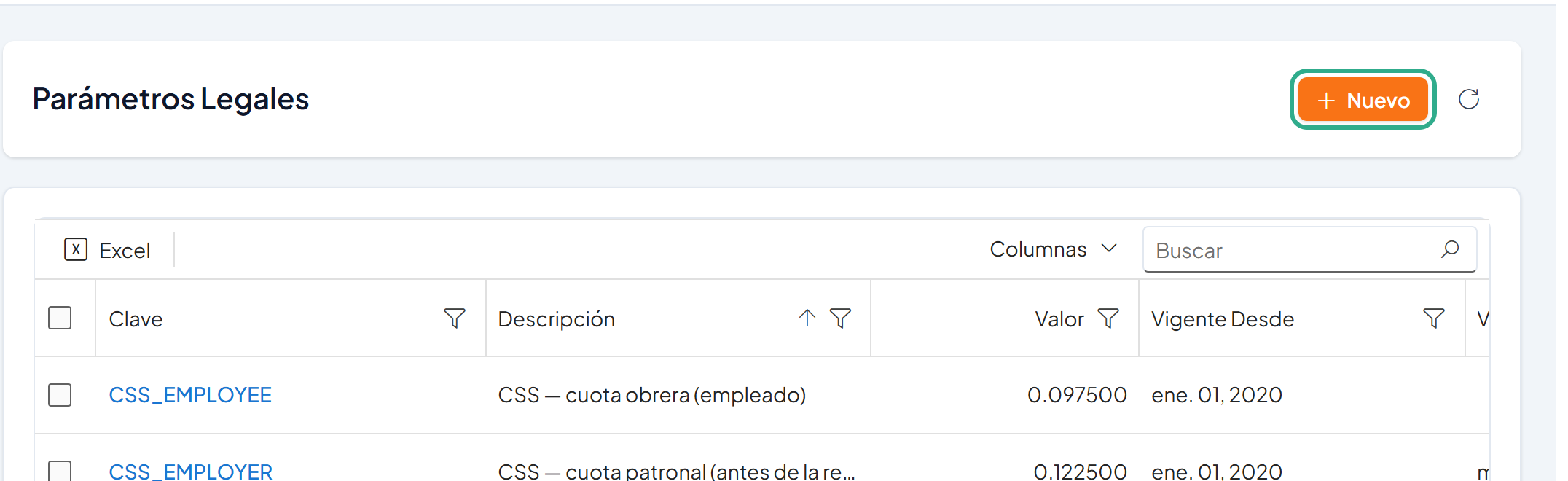 Botón Nuevo resaltado en la parte superior de Parámetros Legales