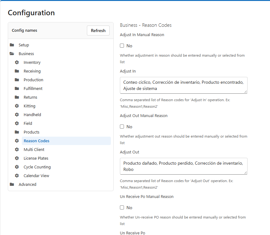 Configuration, Business, Reason Codes: for each operation a Manual Reason checkbox and a box holding its list of codes