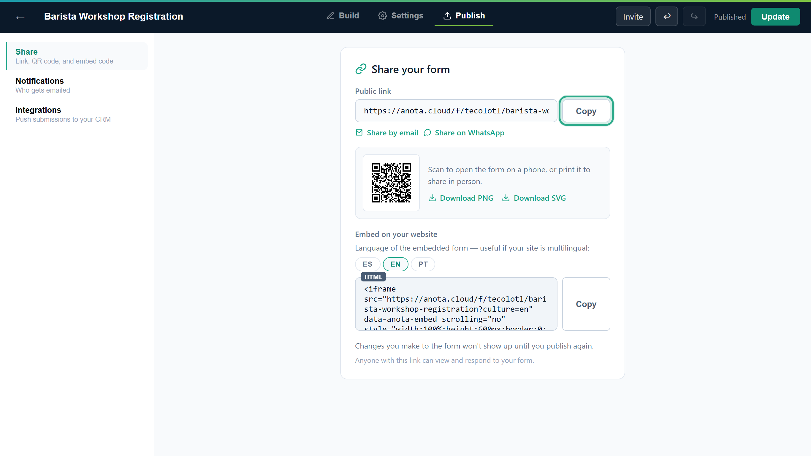The Share your form panel with the public link, Share by email and WhatsApp, the QR code and the embed code, with the Copy button outlined