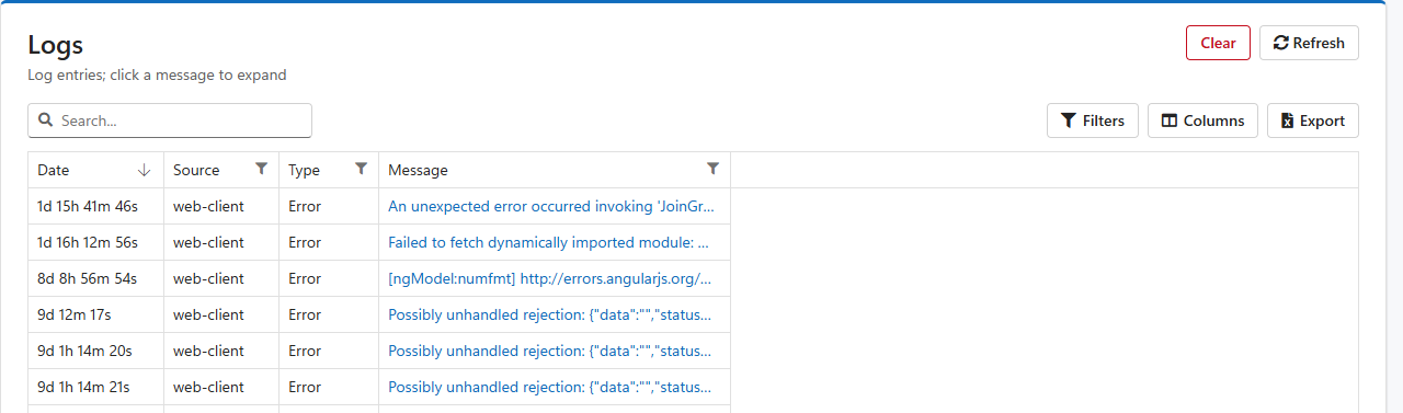 The Logs list with Date, Source, Type and Message columns